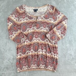 Lucky Brand Top Womens‎ Medium Cream Orange Paisley 3/4 Sleeve Boho Peasant